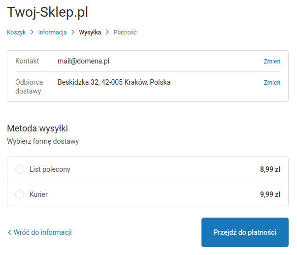 Dostępne formy wysyłki w Shopify wyświetlone w formie listy.